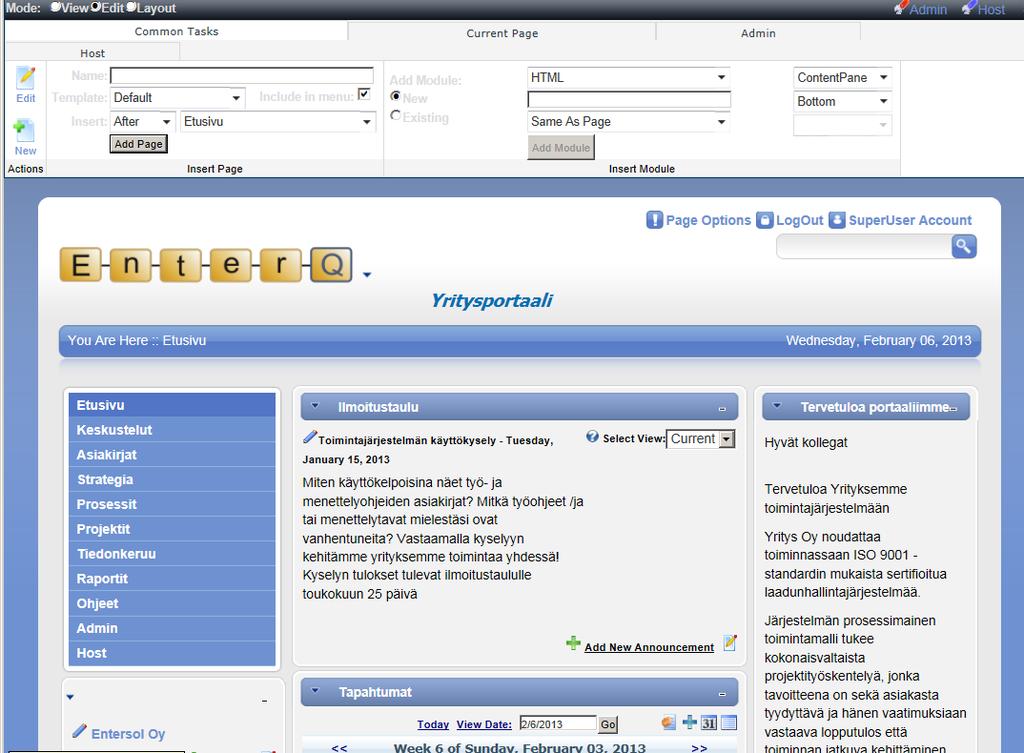 1 EnterQ Johtamisportaali Näkymä Admin-oikeuksilla Sivujen hallinta