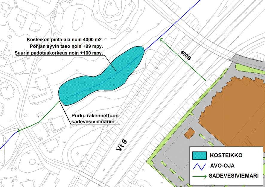 Pirkanmaan Osuuskauppa, Ruokakesko Oy ja Tampereen kaupunki 17 3.5.3 Kosteikon rakenne ja mitoitus Kosteikko esitetään sijoitettavaksi ojapainanteeseen valtatien 9 länsipuolelle.