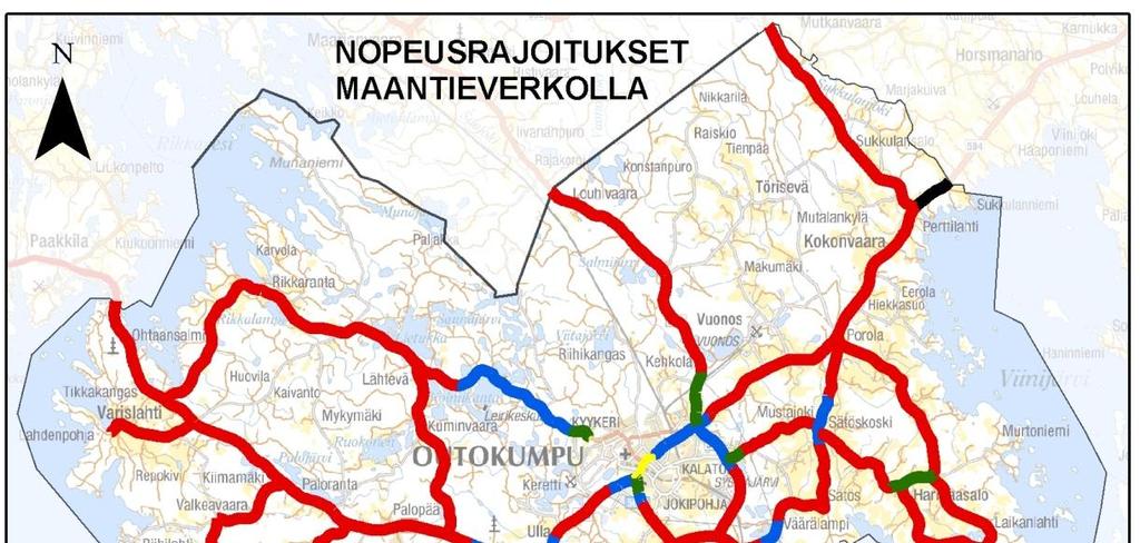 alueella muuten 50 tai 60 km/h -rajoitukset. Muutoin seututeillä on yleensä 80 km/h -rajoitus. Yhdysteillä on yleensä voimassa yleisrajoitus 80 km/h, mutta myös paikallisia 50 ja 60 -km/hrajoituksia.