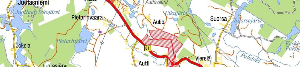 Alue on kartan keskellä ja merkitty punaisella viivoituksella. Metsähallitus 2008, Maanmittauslaitos 1/MYY/2008.