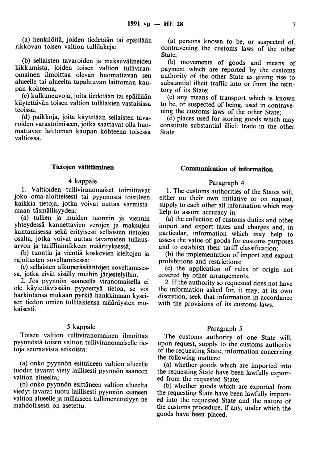 1991 vp - HE 28 7 (a) henkilöitä, joiden tiedetään tai epäillään rikkovan toisen valtion tullilakeja; (b) sellaisten tavaroiden ja maksuvälineiden liikkumista, joiden toisen valtion tulliviranomainen