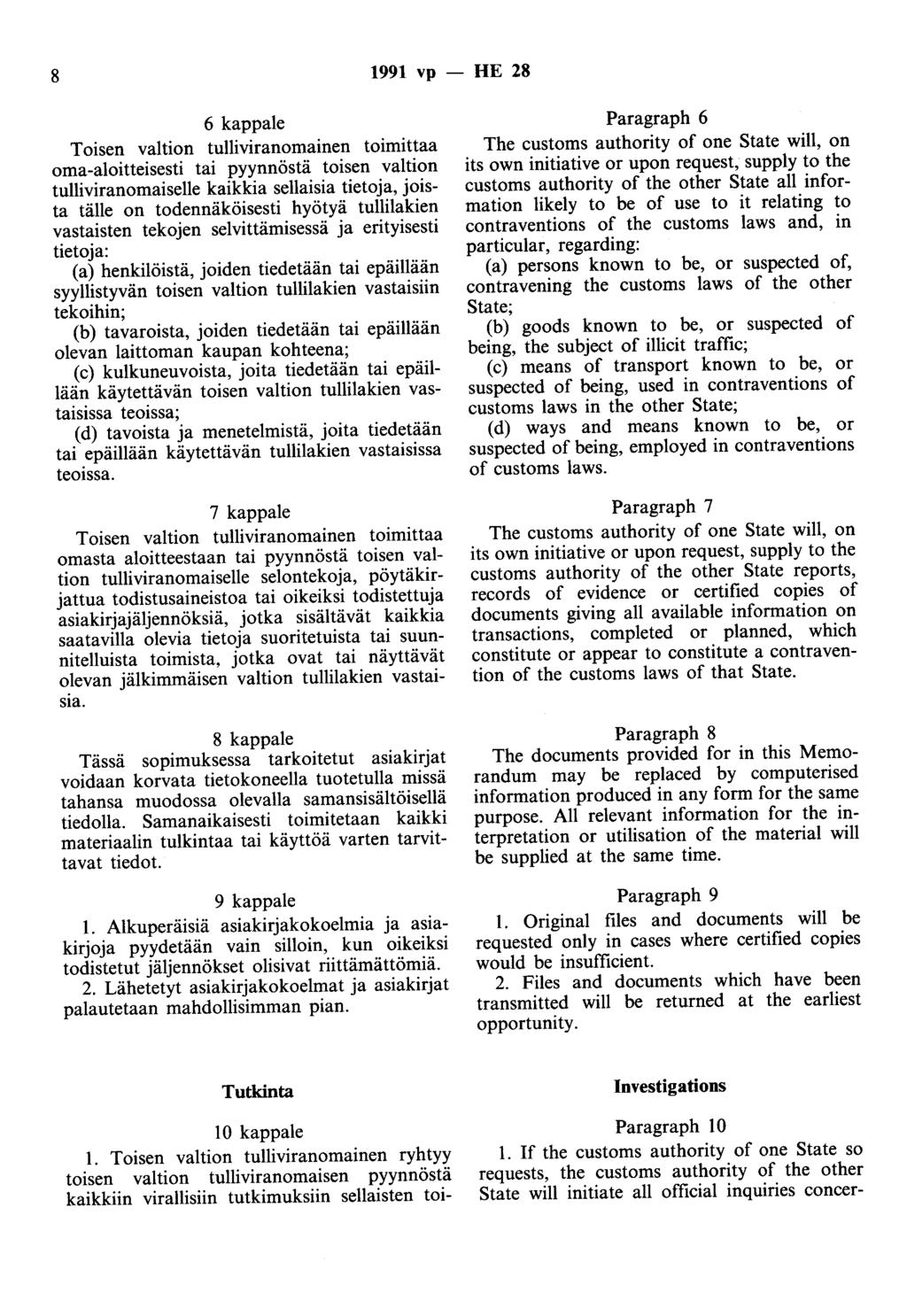 8 1991 vp - HE 28 6 kappale Toisen valtion tulliviranomainen toimittaa oma-aloitteisesti tai pyynnöstä toisen valtion tulliviranomaiselle kaikkia sellaisia tietoja, joista tälle on todennäköisesti