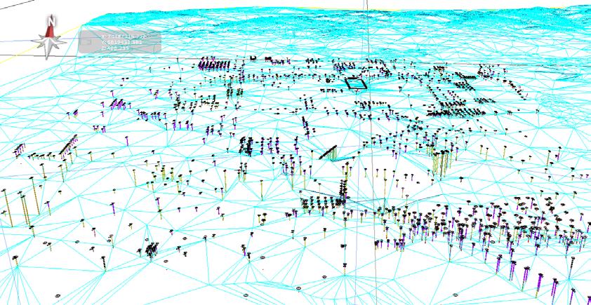 CityGeoModel kaupunkien geomallit 36 Kuva 32. Kalliopintamalli ja kairaukset (Wireframe näkymä).