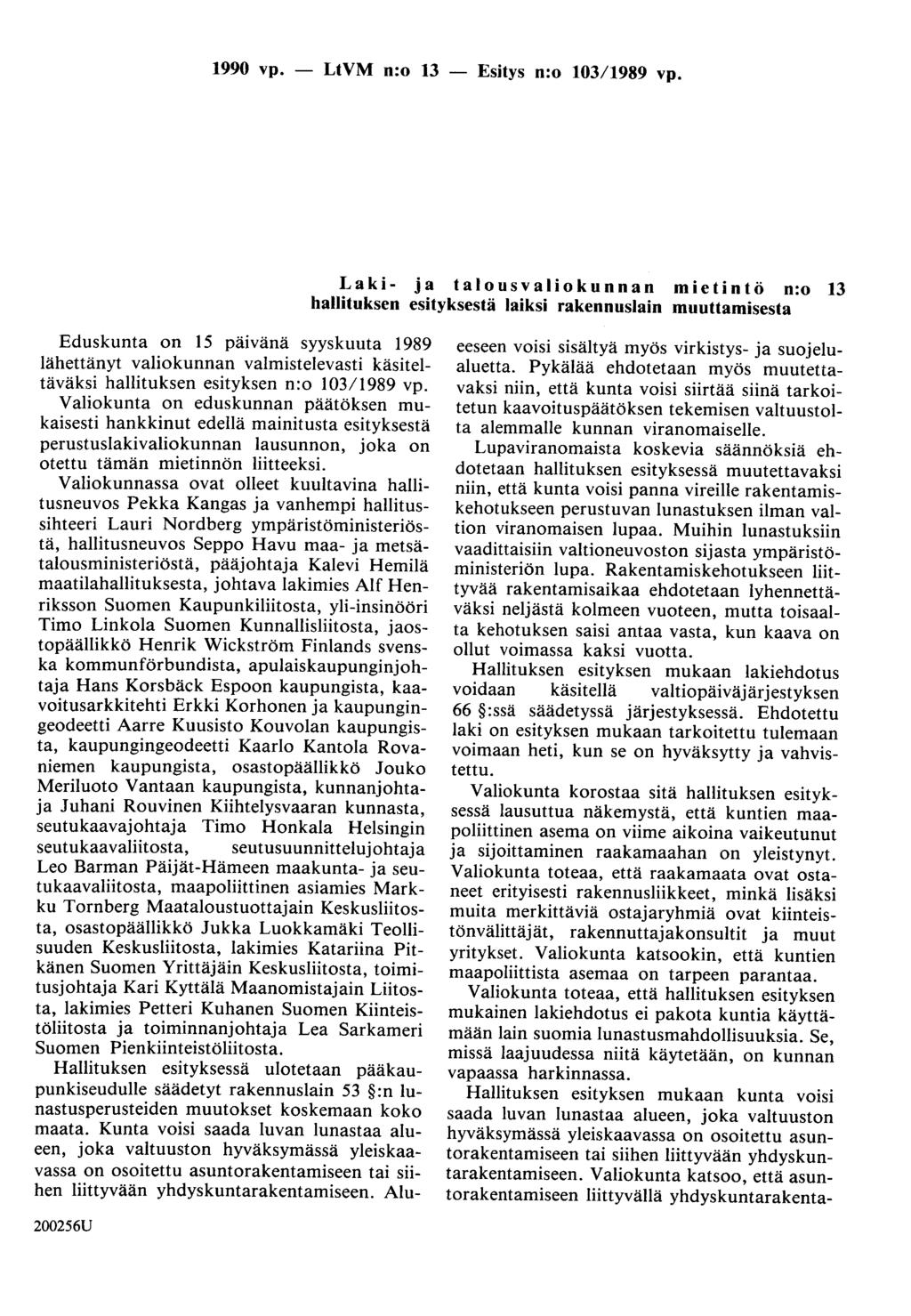 1990 vp. - LtVM n:o 13 - Esitys n:o 103/1989 vp.