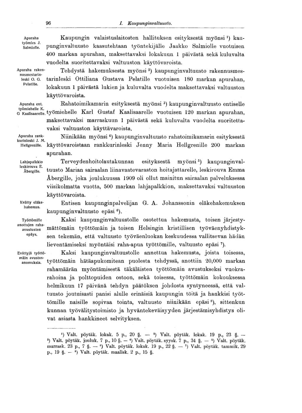 96 I. Ka upunginvaltuusto. Apuraha Kaupungin valaistuslaitosten hallituksen esityksestä myönsi *) kau- ^Saimkfiie.