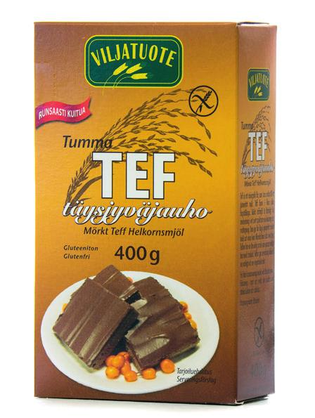 250 g / 15 kg 1320 kj / 315 kcal 8,8 g, josta tyydyttynyttä 1,9 g 38 g, josta sokereita 0,2 g 9,3 g 40 g Tumma tef-täysjyväjauho Tämä luonnostaan gluteeniton jauho jauhetaan hirssinsukuisen