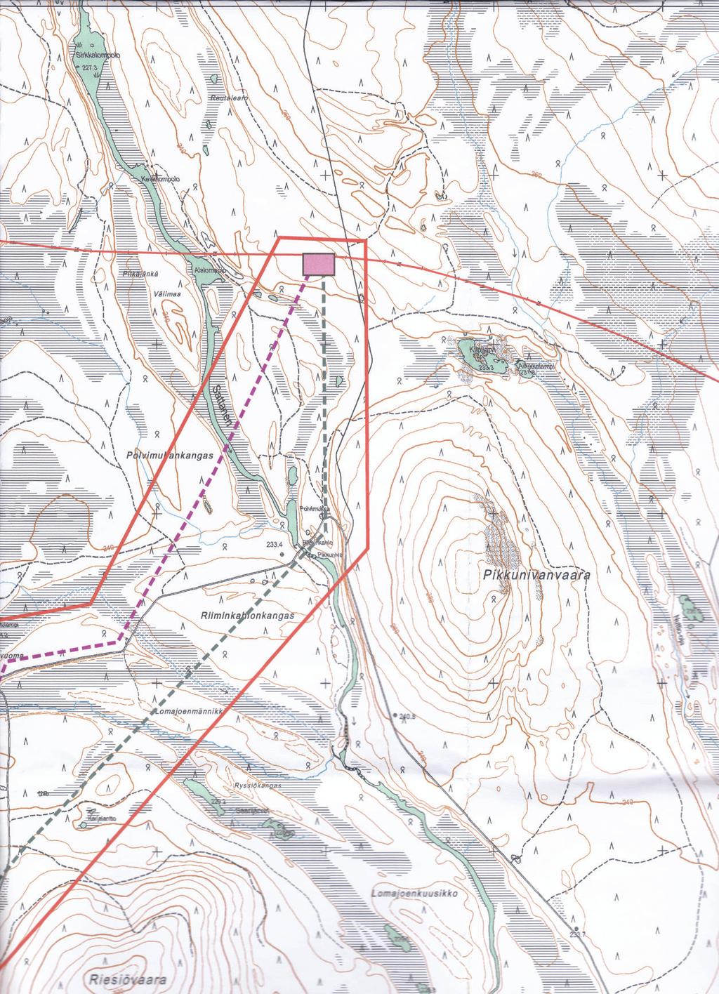 Sodankylä Alalompolo, maarakenteet. pkoo: 7513140 ikoo: 3454113 Z/m.mpy alin: 230,00 ylin: 235,00. N 7510001.8 E 453959.2 Maasto etokanta (tuloste) 1:20 000.