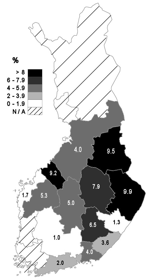 J Infect Dis 2005 Ankle 74% Seroprevalenssi keskimäärin 5% Kurkela, Emerg *Standardized Infect Dis according 2008 to the age distribution of the Finnish population in the respective period SINV