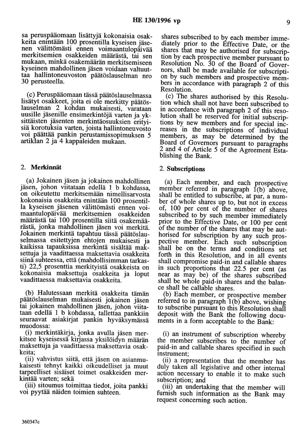 HE 130/1996 vp 9 sa peruspääomaan lisättyjä kokonaisia osakkeita enintään 100 prosentilla kyseisen jäsenen välittömästi ennen voimaantulopäivää merkitsemien osakkeiden määrästä, tai sen mukaan, minkä