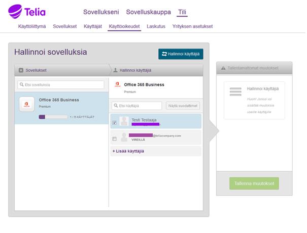 F. Valitse Tili ja Käyttöoikeudet ja klikkaa Office 365 -palvelun kuvaketta. Tähän vaiheeseen pääset vasta, kun kutsutut käyttäjät ovat hyväksyneet kutsut.