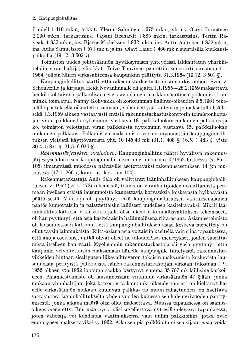 Lindell 1 418 mk:n, arkkit. Ylermi Salminen 1 675 mk:n, yli-ins. Olavi Törmänen 2 290 mk:n, tarkastusins. Tapani Rechardt 1 885 mk:n, tarkastusins. Terttu Raveala 1 832 mk:n, ins.