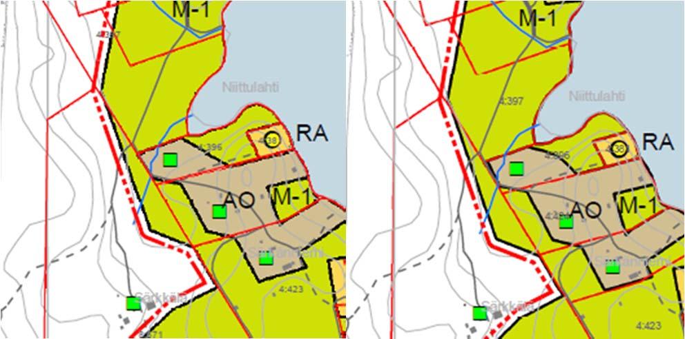 Kuva 2 Nähtävillä ollut kaavaehdotus vasemmalla ja muistutuksen perusteella tarkistettu kaavaratkaisu oikealla. Toimenpiteet: Muutetaan kiinteistön 409-8-654 peltoalueen merkintä M-1:ksi.