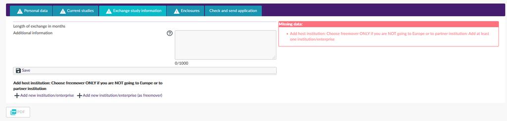 Exchange study information välilehti sisältää vaihtokohteesi tiedot. HUOM! Mikäli vaihtosi ei suuntaudu partnerikorkeakouluun, valitse free mover vaihtoehto.