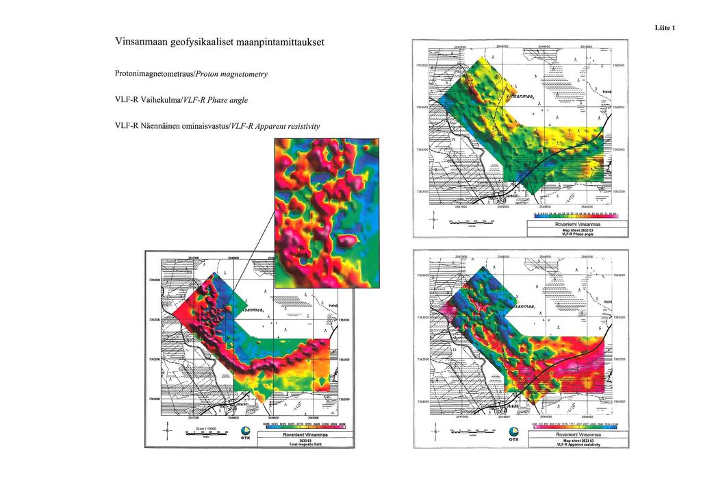 Vinsanmaan geofysikaaliset maanpintamittaukset Liite 1 ProtonimagnetometrauslProton magnetometry VLF-R VaihekulmalVLF-R Phase angle VLF-R Naennainen ominaisvastuslvlf-r Apparent resistivity, 7362 +