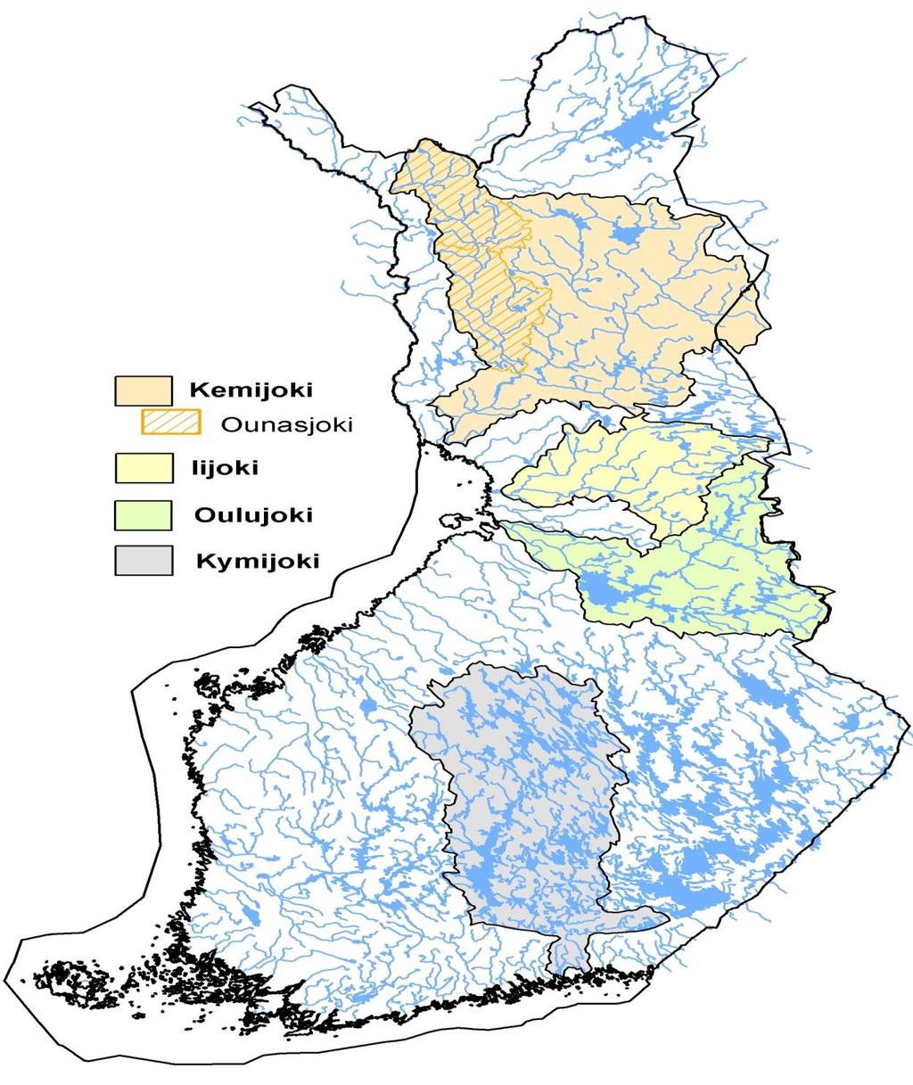 Four rivers in focus River Kemijoki (51 000 km 2, MQ 556 m 3 /s) 5 dams below the