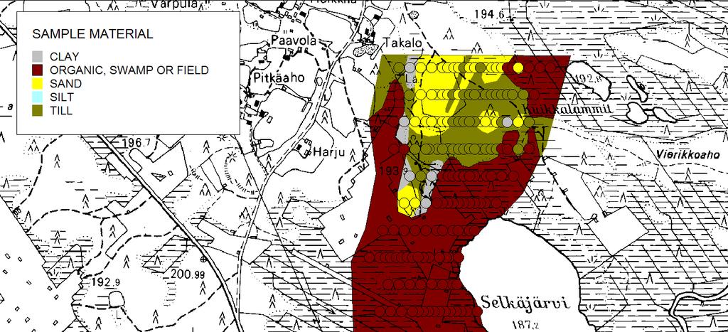 Kuva 8. Kartta Selkäjärven ja Yhteisenahon näytteiden maaperälajeista. Fig 8. Soilmap of Selkäjärvi and Yhteisenaho samples. Nikkelipitoisuudet olivat molemmilla alueilla alhaiset.