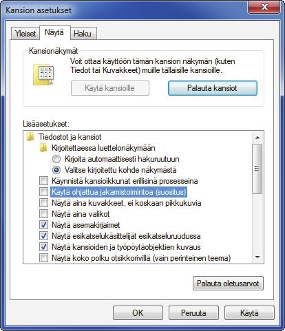 Valitse Käynnistä-valikossa Ohjauspaneeli, Ulkoasu ja Mukauttaminen, ja sitten Kansioasetukset. Napsauta Windows XP:ssä Oma tietokone, ja valitse Kansioasetukset kohdassa Työkalut.