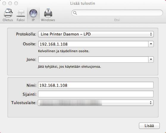 Valmistelut ennen käyttöä > Ohjelmiston asennus Napsauta IP-kuvaketta IP-liitännälle. Kirjoita IP-osoite ja tulostimen nimi.