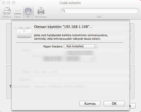 3 HUOMAUTUS Kun käytät Bonjour-yhteyttä, valitse Oletus ja napsauta kohdetta, joka näkyy kohdassa "Tulostimen nimi".