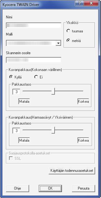 Valmistelut ennen käyttöä > Ohjelmiston asennus TWAIN-ajurin asetus Rekisteröi kone TWAIN-ajuriin. Avaa näyttö. Valitse Windowsissa Käynnistä-painike, Kaikki ohjelmat, Kyocera ja TWAIN Driver Setting.