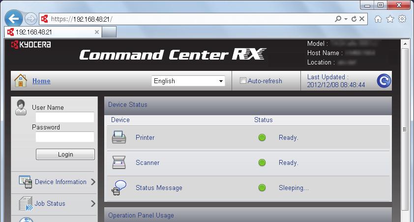 Valmistelut ennen käyttöä > Command Center RX Command Center RX-palvelimen käyttö Avaa näyttö. Käynnistä WWW-selain. Kirjoita osoite- tai sijaintiriville koneen IP-osoite tai isäntänimi.