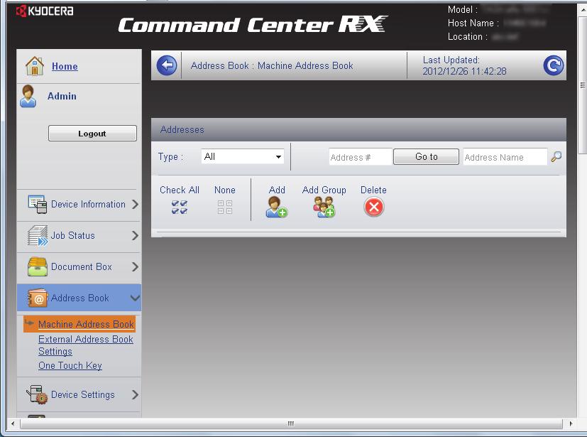 Valmistelut ennen käyttöä > Command Center RX Kohteiden rekisteröiminen Voit rekisteröidä kohteet koneen osoitekirjaan Command Center RX -palvelimelta. Avaa näyttö.