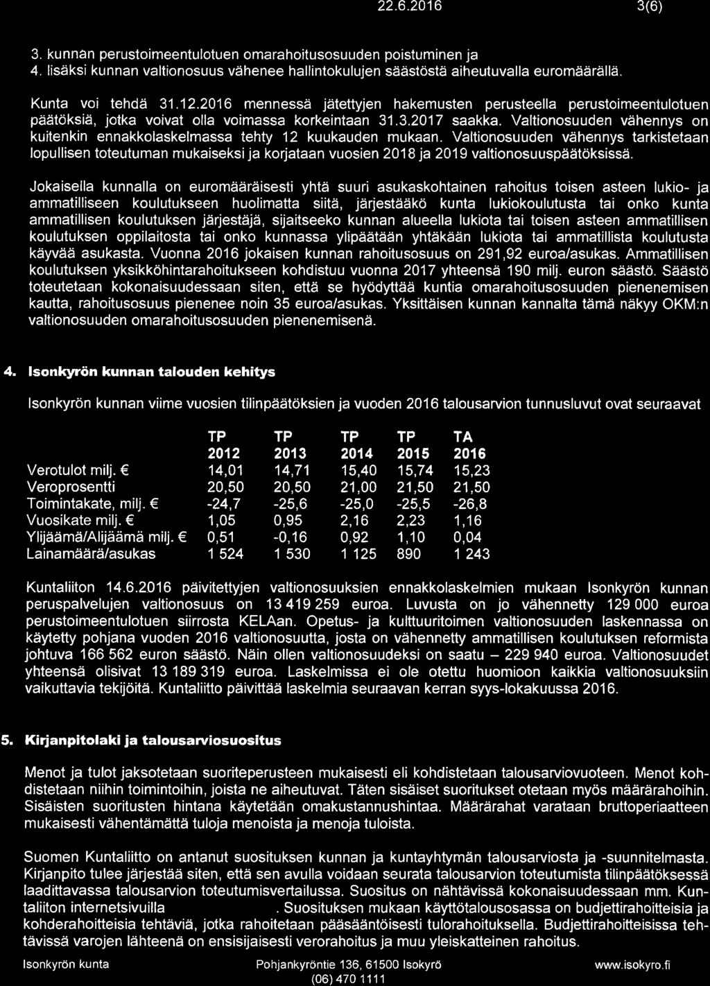 T$@KçR* 22.6.2016 3(6) 3. kunnan perustoimeentulotuen omarahoitusosuuden poistuminen ja 4. lisäksi kunnan valtionosuus vähenee hallintokulujen säästöstä aiheutuvalla euromäärällä. Kunta voi tehdä 31.