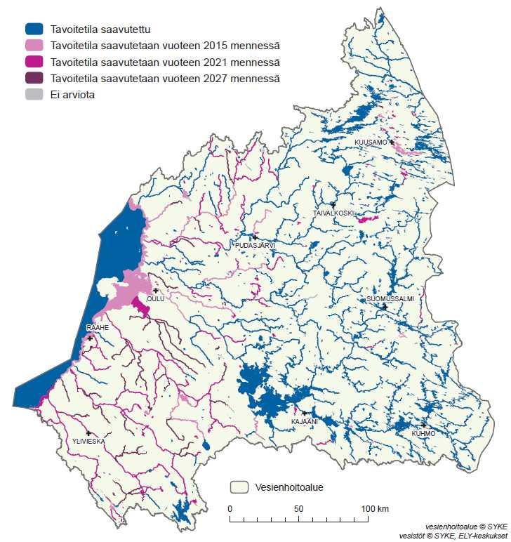 Yleistavoite: Pinta- ja pohjavesien tila ei heikkene ja on vähintään hyvä viimeistään vuonna 2015 Tietyillä perusteilla tavoite voitu asettaa vuoteen 2021 tai 2027 - tekniset syyt - luonnonolosuhteet