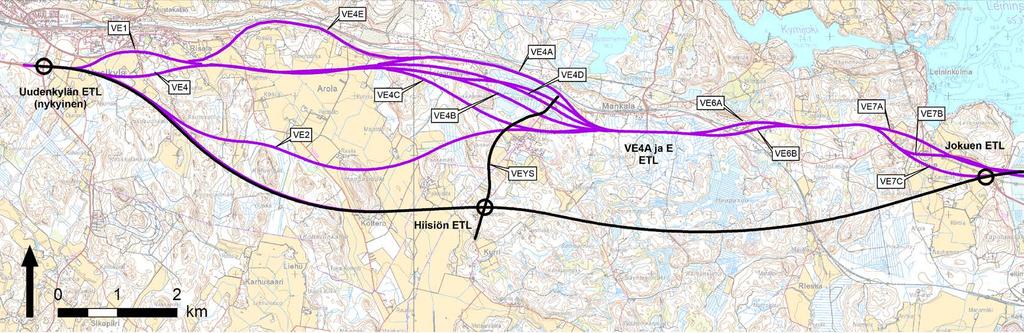 Vaihtoehto Keskimmäinen Vaihtoehto 2 sijoittuu Uudenkylän eritasoliittymästä noin kahden kilometrin matkalla aiemman yleissuunnitelmaratkaisun mukaiseen käytävään.