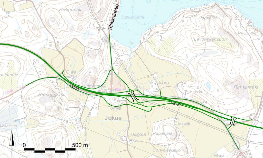 3.5.3 Jokuen eritasoliittymän muoto Jokuen eritasoliittymässä tutkittiin liittymäpaikalla 1 kolmea erilaista liittymätyyppiä: Vaihtoehdossa A eritasoliittymässä on suorat rampit sekä etelä- että