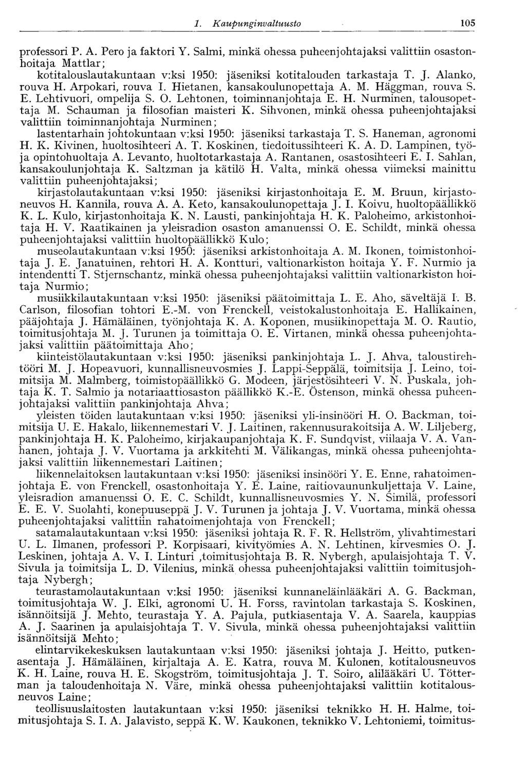 105 1. Kaupunginvaltuusto professori P. A. Pero ja faktori Y.