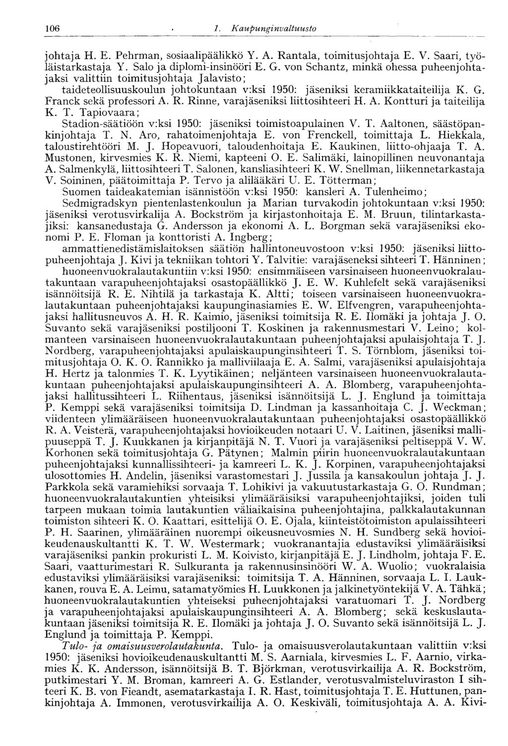 106 1. Kaupunginvaltuusto johtaja H. E. Pehrman, sosiaalipäälikkö Y. A. Rantala, toimitusjohtaja E. V. Saari, työläistarkastaja Y. Salo ja diplomi-insinööri E. G.