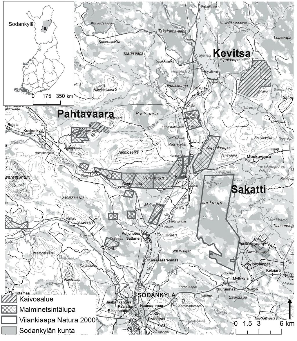 128 Katsauksia Översikter TERRA 127: 3 2015 Kuva 1. Sodankylän kuntakeskus sekä kaivosten ja Sakatin esiintymän sijainnit (Kaivosrekisteri 2014; pohjakartat Maanmittauslaitos 2014) vasta vuonna 2010.