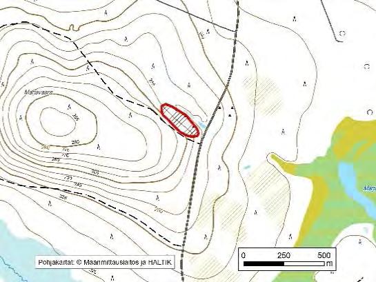 Y=589436 Asu/rakenne: Homogeeninen, suuntautumaton Korkeus: Z alin 240 m, Z ylin 250 m Maanomistus: Metsähallitus Mitat/pinta-ala: 200 m x 60 m/n.