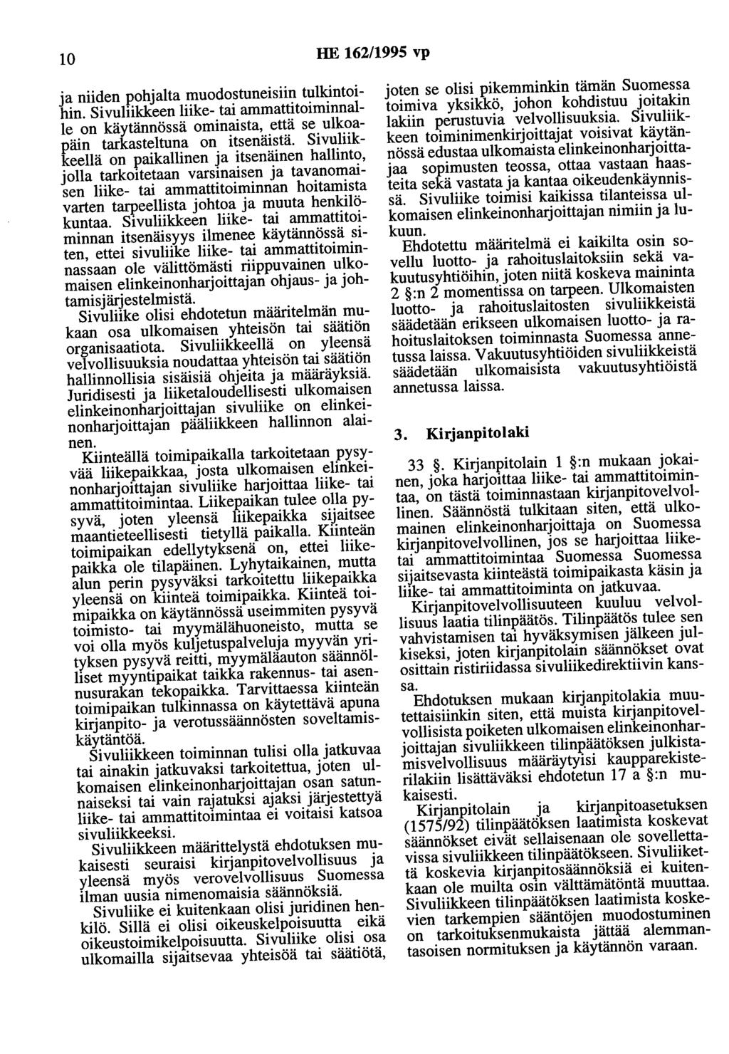 10 HE 162/1995 vp ja niiden pohjalta muodostuneisiin tulkintoihin. Sivuliikkeen liike- tai ammattitoiminnalle on käytännössä ominaista, että se ulkoapäin tarkasteltuna on itsenäistä.