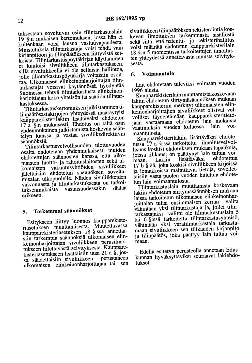 12 HE 162/1995 vp tuksestaan soveltuvin osin tilintarkastuslain 19 :n mukaisen kertomuksen, jossa hän ei kuitenkaan voisi lausua vastuuvapaudesta.