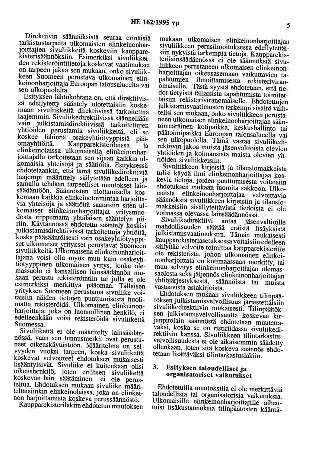 HE 162/1995 vp 5 Direktiivin säännöksistä seuraa ennalsla tarkistustall'eita ulkomaisten elinkeinonharjoittajien Sivuliikkeitä koskeviin kaup.parekisterisäännöksiin.
