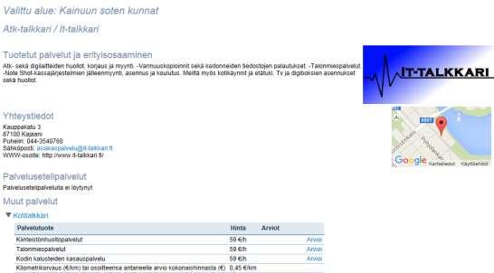 14 Palveluntuottajan esittelysivu 5. Saadaan auki palveluntuottajan esittelysivu, alla olevan kuvan 20 mukaisesti. Kuva 22. Palveluntuottajan esittelysivu. Palveluntuottajan esittelysivulla nähdään mm.