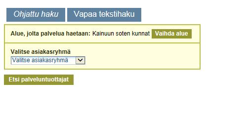 Klikkaa otsikon Valitse alue, jolta palvelu haetaan alla olevaa valintavalikkoa ja valitse alue (tai kaikki Kainuun soten toimialueen kunnat), josta palvelua etsitään.