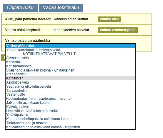 Klikkaa otsikon Valitse palvelun pääluokka alla olevaan valintavalikkoa, jolloin avautuu alla