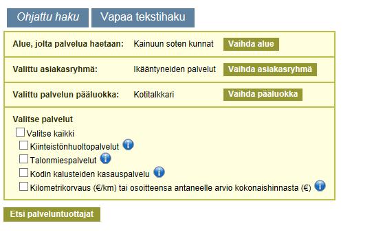 5 5. Alla olevassa kuvassa 7 palvelun pääluokaksi on valittu Kotitalkkari, jolloin se näkyy Valittu palvelun pääluokka: -otsikon vieressä.