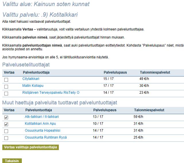 8 Klikkaamalla palveluntuottajan nimeä esimerkiksi Citytalkkari, pääset Palveluntuottajan esittelysivulle. Klikkaamalla Vertaa-valintaruutuja, voit valita vertailuun 1-3 palveluntuottajaa. 11.