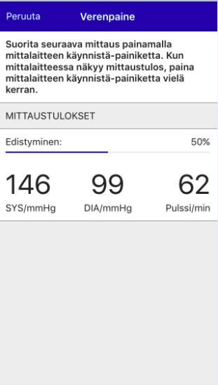 8. Kun odotusaika on kulunut, sovellus muistuttaa sinua vielä äänimerkillä ja kehottaa suorittamaan seuraavan mittauksen. Käynnistä mittaus painamalla mittalaitteen käynnistä painiketta. 9.