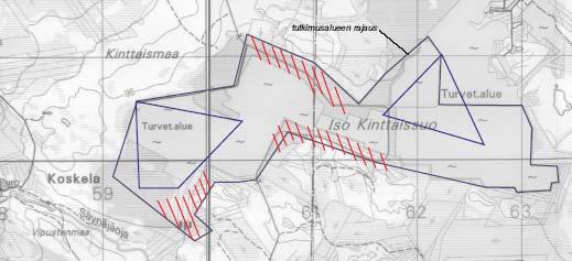 Kuva 6. 3. Iso-Kinttaissuon lintulaskennan laskentalinjat (sininen viiva) ja kartoituslaskenta-alueet (punainen kartoitus) (PSV-Maa ja Vesi 2002).