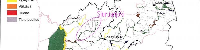 Siuruanjoen veden ekologinen ja kemiallinen tila Siuruanjoen veden ekologinen ja kemiallinen tila on hyvä (kuva 6.13) (http://www.ymparisto.fi/). Kuva 6. 13.