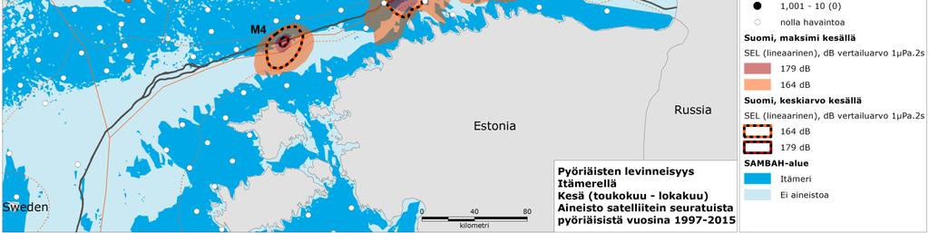 Kuva 8-1 Pyöriäishavainnot (havaittuja pyöriäisten ääniä sekunteina vuorokautta kohden) kesällä (toukokuusta lokakuuhun) SAMBAH-projektissa 2011 2013,