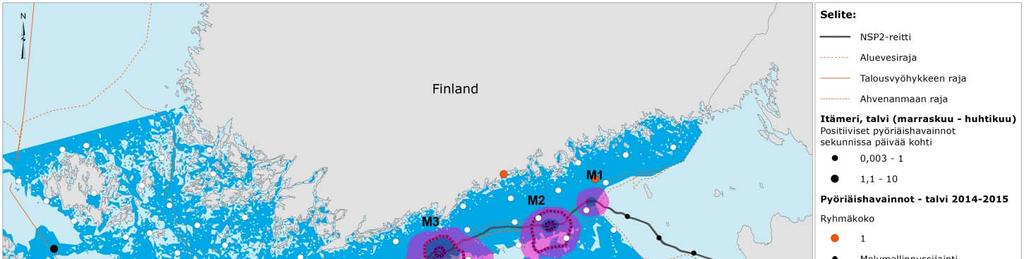 Kuva 8-2 Pyöriäishavainnot (havaittuja pyöriäisten ääniä sekunteina vuorokautta kohden) talvella (marraskuusta huhtikuuhun) SAMBAH-projektissa 2011 2013,