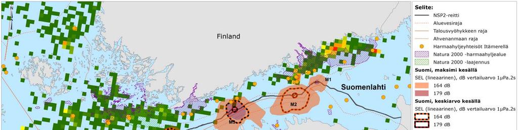 Kuva 8-3 Harmaahylkeiden esiintymistiheys, joka perustuu lähettimellä varustettujen yksilöiden liikkeisiin (näyttää 38:n GPS-seurannassa olleen harmaahylkeen sijaintipaikat ruudukon solua kohden;