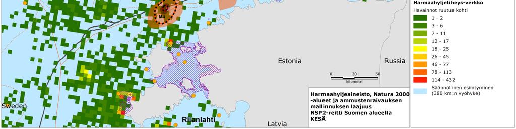 Kuviossa näytetään vain Suomen ja Viron Natura 2000 -alueet 100 kilometrin säteellä NSP2-putkilinjan reitistä.