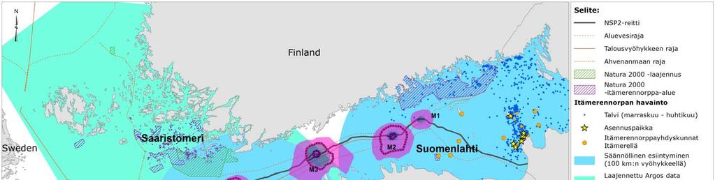 itämerennorpille ja mallinnettu ammusten raivauksen laajuus kesällä (toukokuusta lokakuuhun).